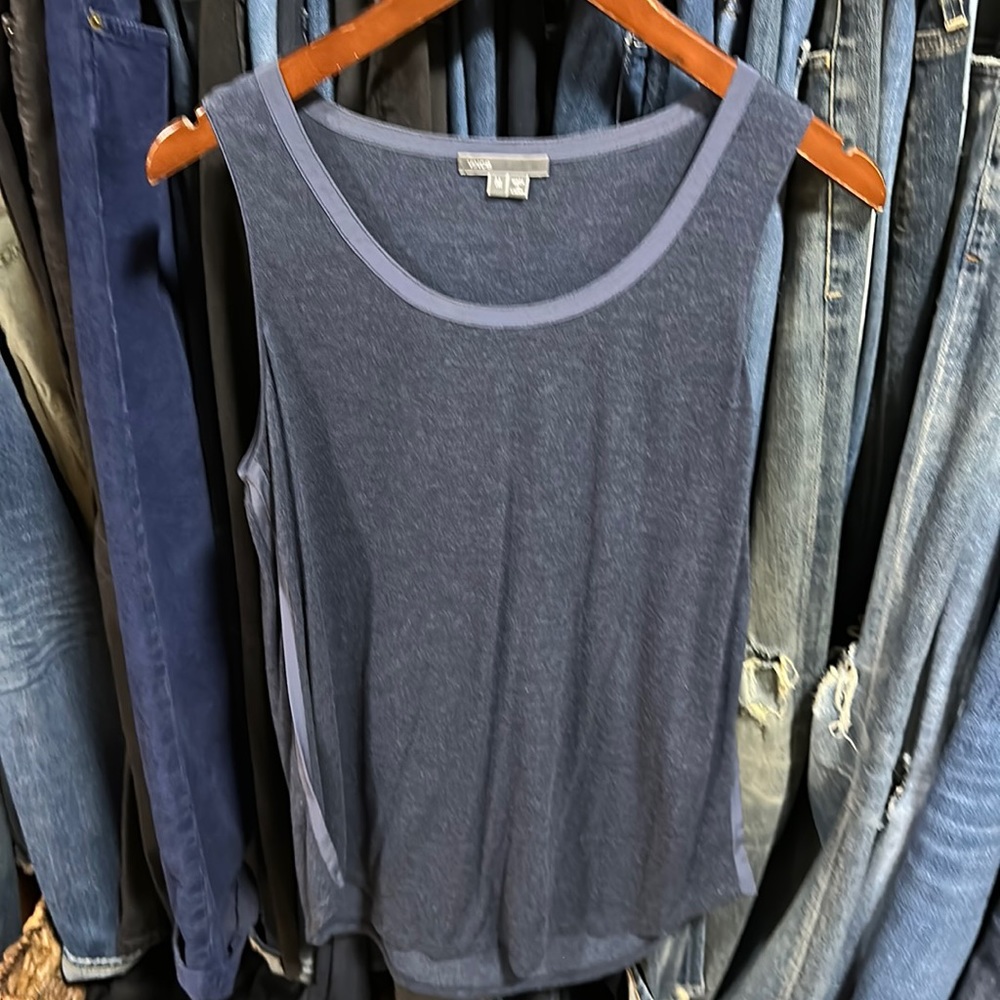 Vince mixed media silk/viscose navy tank